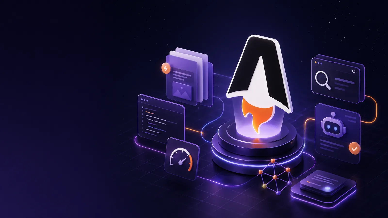 Illustration d'Astro entouré d'outils de performance et de référencement