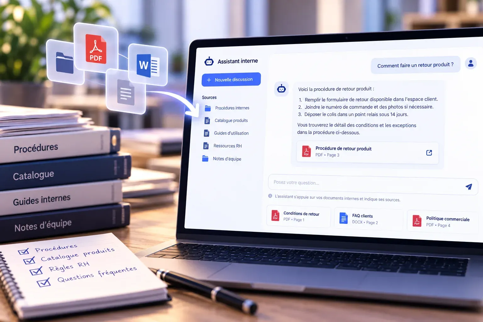 Assistant interne répondant à une question sur une procédure, en citant les fichiers PDF et Word dont il tire sa réponse