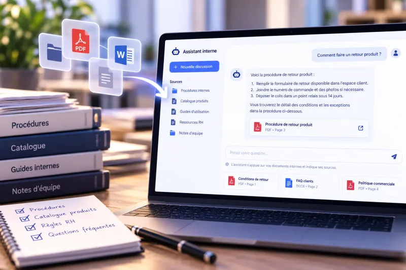 Assistant interne répondant à une question sur une procédure, en citant les fichiers PDF et Word dont il tire sa réponse