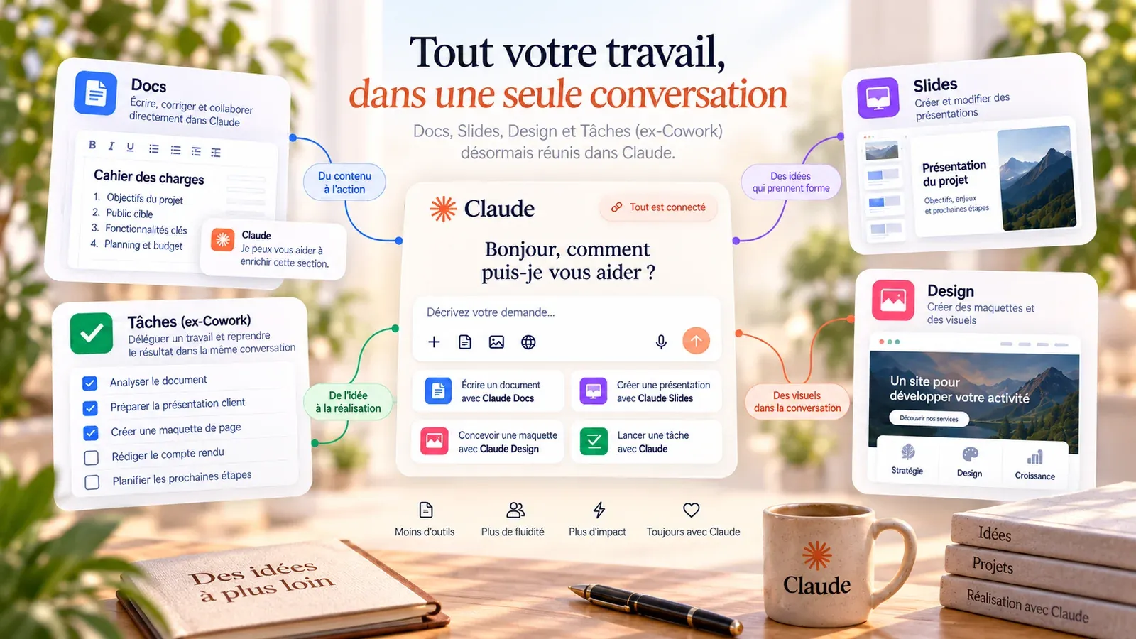 Une conversation Claude entourée des espaces Docs, Slides, Design et Tâches reliés entre eux