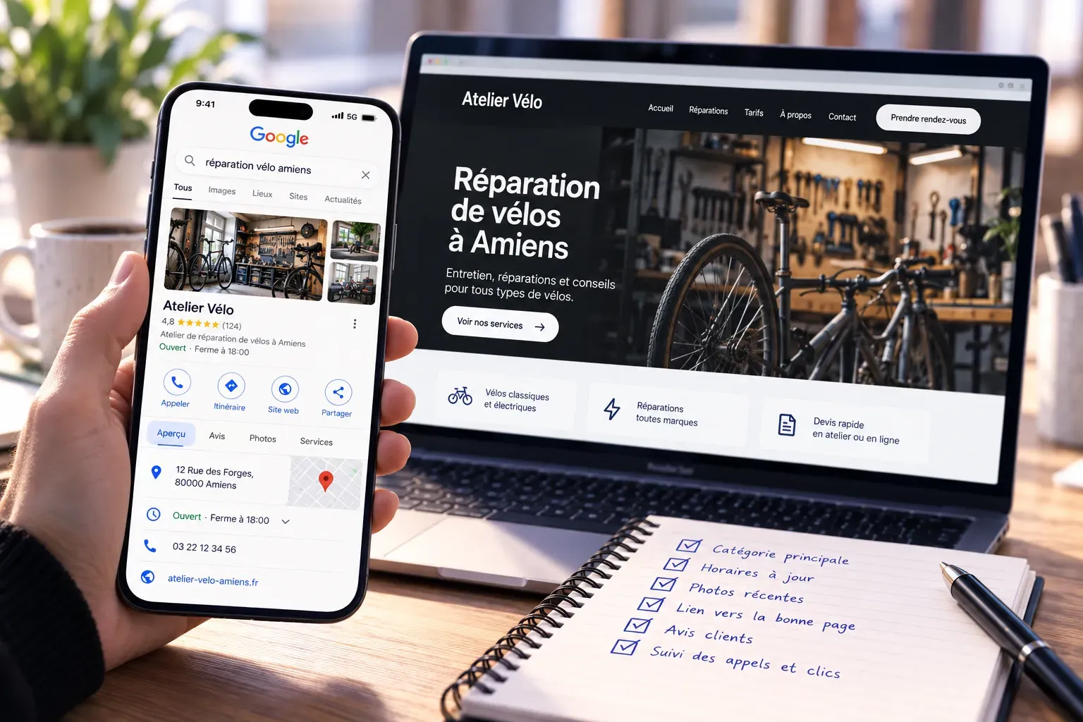 Fiche Google Business Profile d'un atelier de réparation de vélos affichée sur un téléphone, à côté du site de l'atelier ouvert sur un ordinateur portable