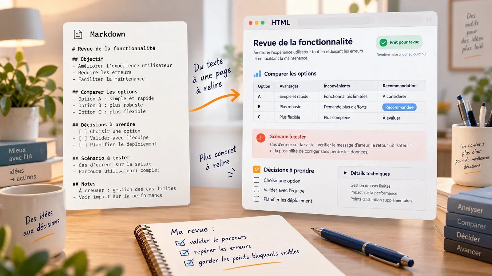 Un plan en Markdown à côté de la même revue rendue en HTML, avec tableau comparatif et cases à cocher