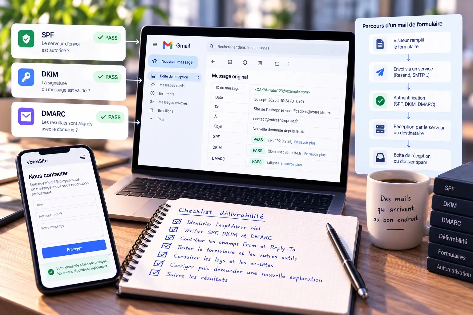 En-têtes d'un message affichés dans Gmail avec les résultats SPF, DKIM et DMARC, à côté du parcours d'un mail envoyé depuis un formulaire