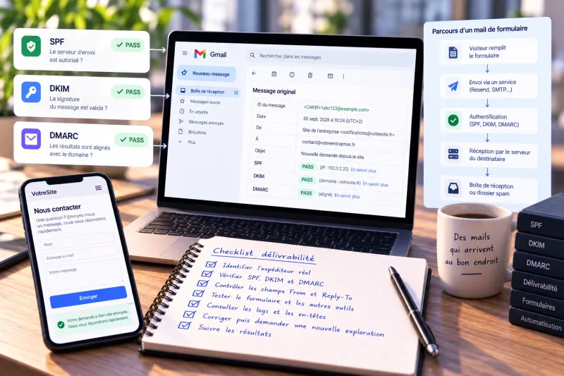 En-têtes d'un message affichés dans Gmail avec les résultats SPF, DKIM et DMARC, à côté du parcours d'un mail envoyé depuis un formulaire