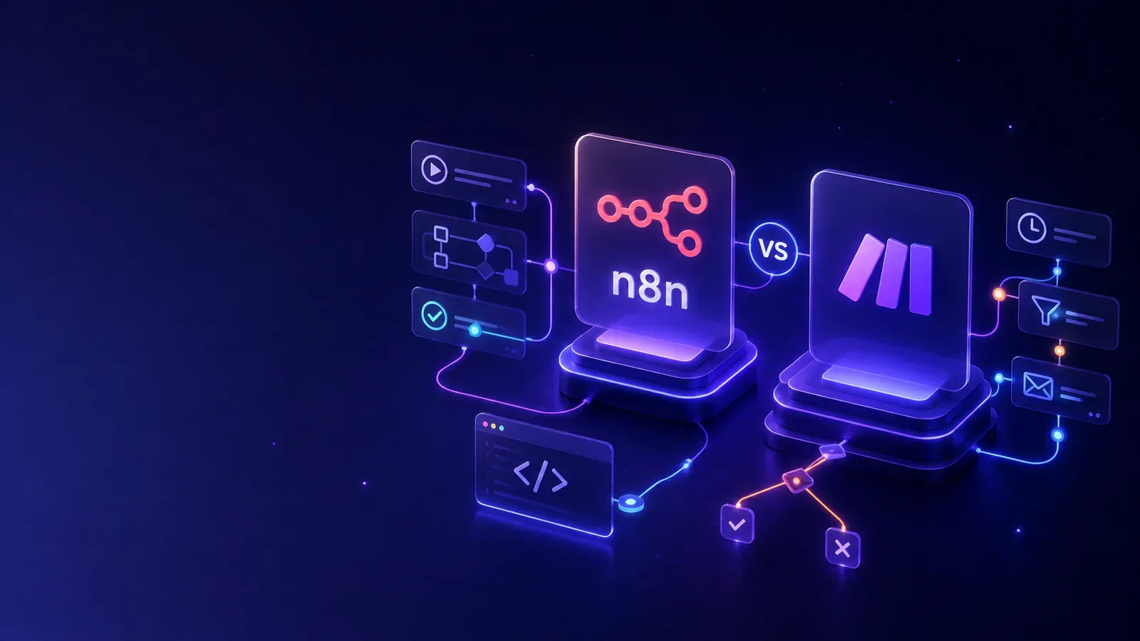 Illustration comparant n8n, Make et le développement sur mesure