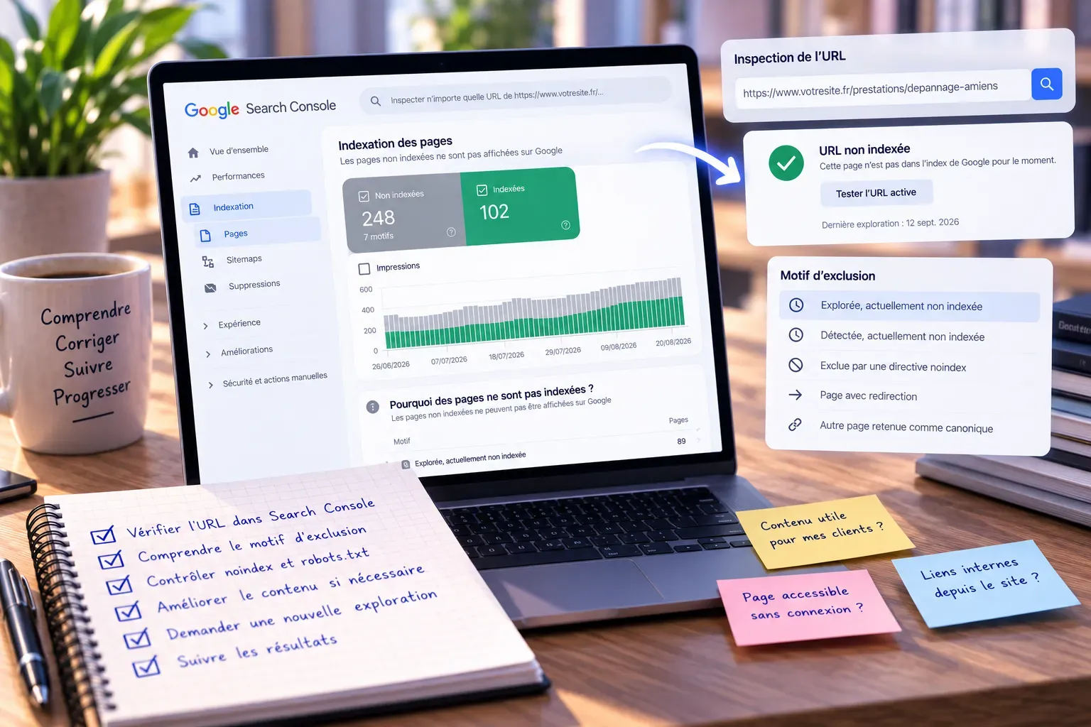 Rapport d'indexation de Google Search Console sur un ordinateur portable, avec l'inspection d'une URL non indexée et la liste des motifs d'exclusion