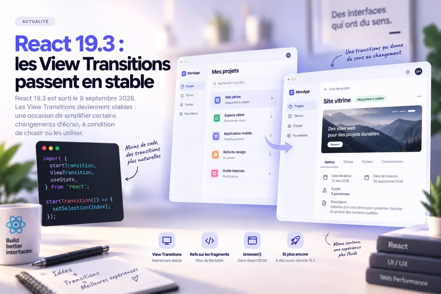 Deux états d'une interface reliés par une transition, de la liste des projets au détail d'un projet