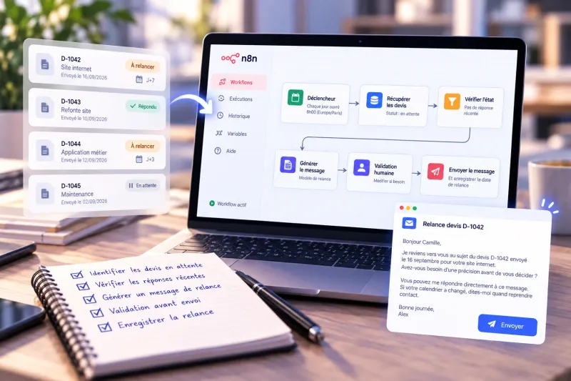 Workflow n8n de relance de devis, avec la liste des devis en attente et le message préparé avant validation humaine