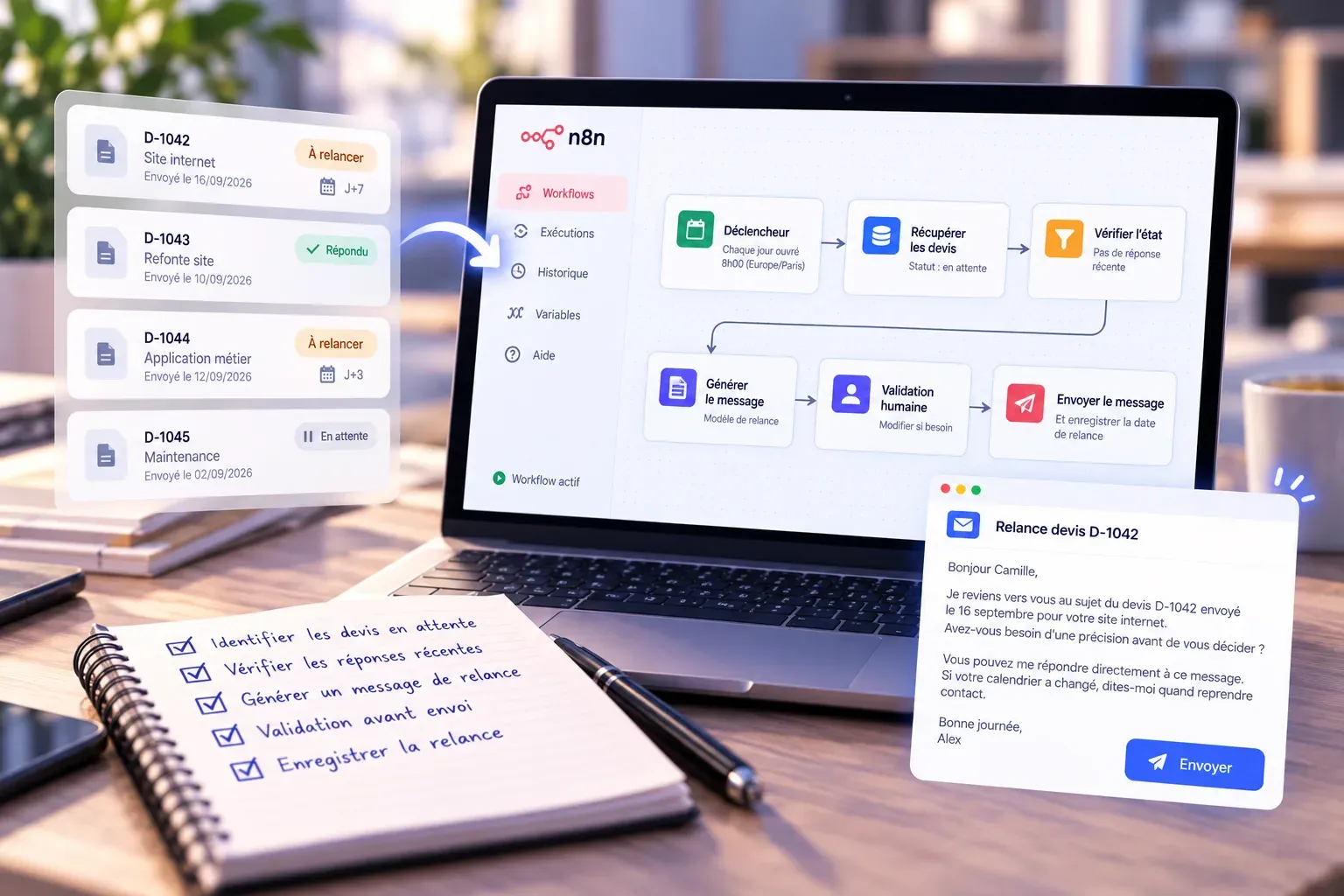 Workflow n8n de relance de devis, avec la liste des devis en attente et le message préparé avant validation humaine