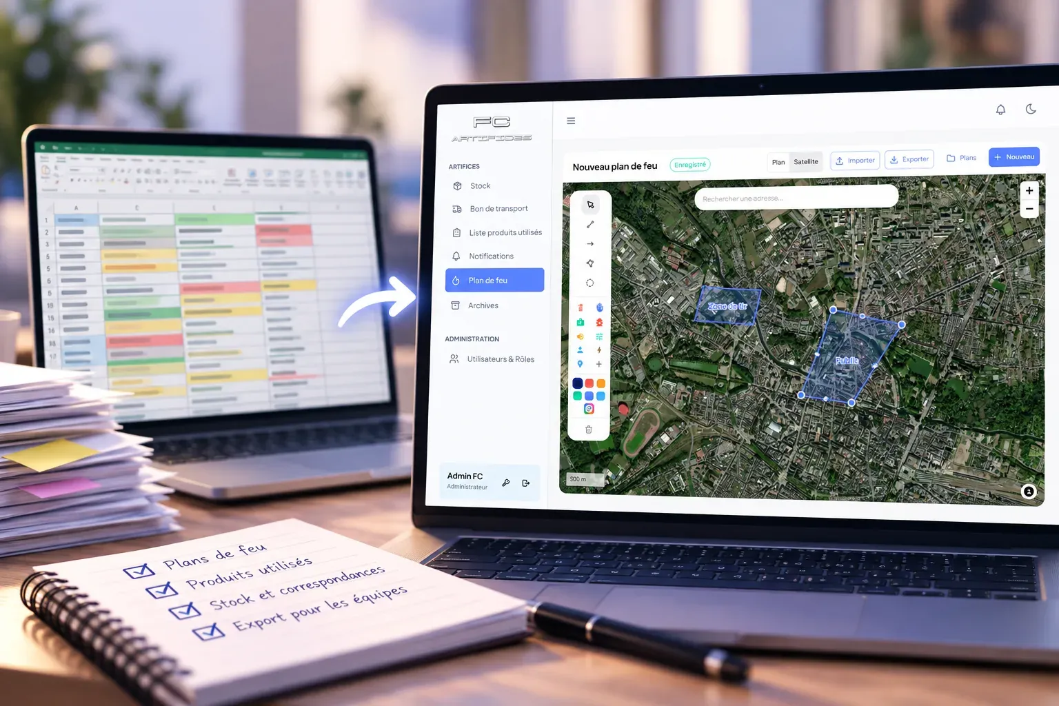 Tableur encombré sur un premier écran, remplacé sur un second par une application métier où le plan de tir se trace sur une carte