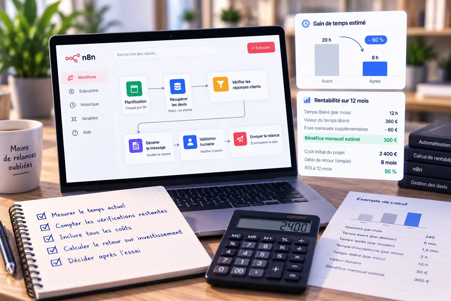 Workflow n8n de relance de devis sur un écran, entouré d'un calcul de rentabilité sur douze mois et d'une calculatrice