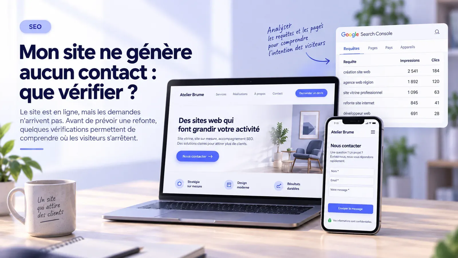 Site vitrine ouvert sur un ordinateur portable et un mobile, à côté d'un rapport de requêtes Search Console